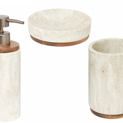 Badkamer/WC Setje 3-Delig – Zeepbakje, Tandenborstelhouder & Zeeppompje – Marmereffect Beige/Wit – Polyresin Kunststeen