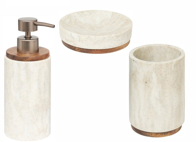 Badkamer/WC Setje 3-Delig – Zeepbakje, Tandenborstelhouder & Zeeppompje – Marmereffect Beige/Wit – Polyresin Kunststeen