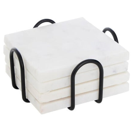 Set van 4 Witte Marmeren Onderzetters met Zwarte Houder - Ø 10 cm - Vierkante Onderzetters - Glasonderzetters