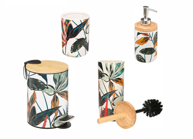 Badkamer-WC Set Palawan Stijl – Inclusief Afvalemmer, WC-Borstel, Zeepdispenser & Tandenborstelhouder – Wit/Zilver – Modern & Stijlvol - 4-Delig