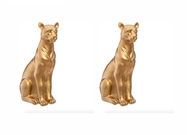 Decoratief Beeld Panter - Set van 2 - Polyresin - Goudkleurig - 23 cm Hoog - Dierenbeeldjes - Decoratie Beeld - Panter Beeld