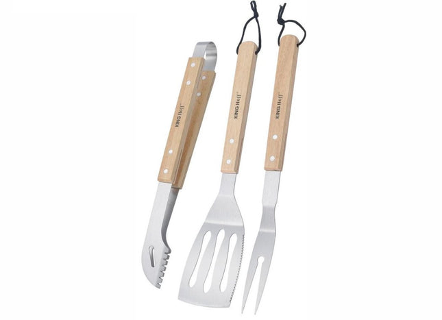 Kinghoff KH-1918 Barbecue Set 3-delig – RVS Grillset met Houten Handvatten – Tang, Spatel en Vork - Uiteraard ook geschikt voor Gasbarbecues , Kamado , Green egg en Weber.