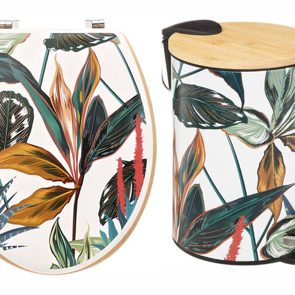 Set Toiletbril & Prullenbak – Tropische Bladeren Design – Bamboe Pedaalemmer 3L + MDF Toiletdeksel – Badkameraccessoires