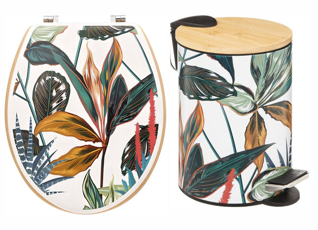 Set Toiletbril & Prullenbak – Tropische Bladeren Design – Bamboe Pedaalemmer 3L + MDF Toiletdeksel – Badkameraccessoires