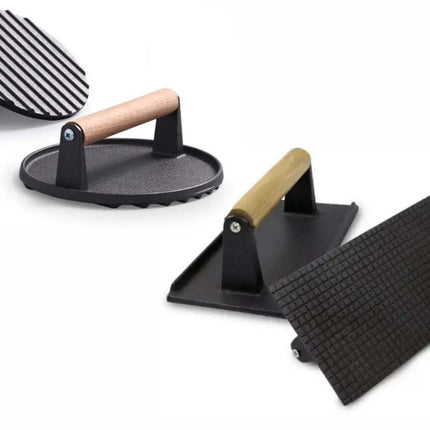 Set van 2 Gietijzeren Hamburgerpressen XL - Ronde & Rechthoekige BBQ Press voor Hamburgers, Smashburgers en Groenten - Met Houten Handvat - Grillaccessoires - BBQ Accessoire / Kamado Accessoires