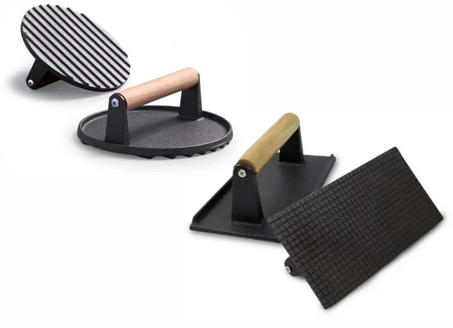 Set van 2 Gietijzeren Hamburgerpressen XL - Ronde & Rechthoekige BBQ Press voor Hamburgers, Smashburgers en Groenten - Met Houten Handvat - Grillaccessoires - BBQ Accessoire / Kamado Accessoires