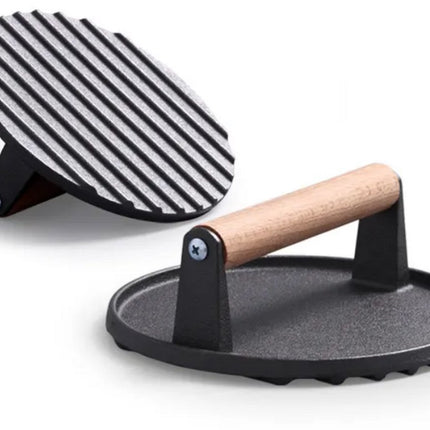 Gietijzeren Hamburgerpress XL – Zware Grill- en BBQ Press voor Hamburgers, Smashburgers en Vlees – 17,5 cm – Met Houten Handvat - Vleespress - Press voor gegrilde groenten - Rond
