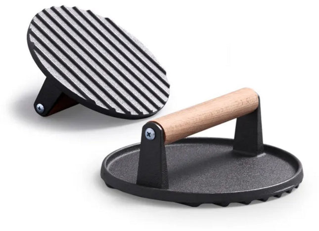 Gietijzeren Hamburgerpress XL – Zware Grill- en BBQ Press voor Hamburgers, Smashburgers en Vlees – 17,5 cm – Met Houten Handvat - Vleespress - Press voor gegrilde groenten - Rond