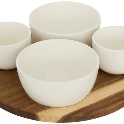 5Five Serveerplank acacia hout - met 4x luxe schaaltjes - D26 cm - tapas en saus schaaltjes - kleuren mix wit - hapjes plateau