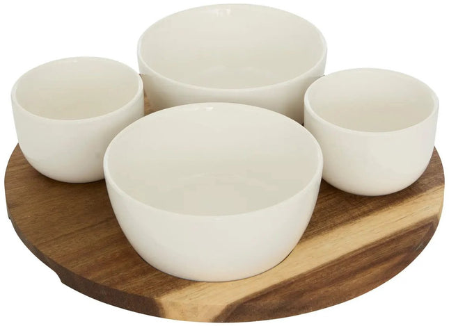 5Five Serveerplank acacia hout - met 4x luxe schaaltjes - D26 cm - tapas en saus schaaltjes - kleuren mix wit - hapjes plateau
