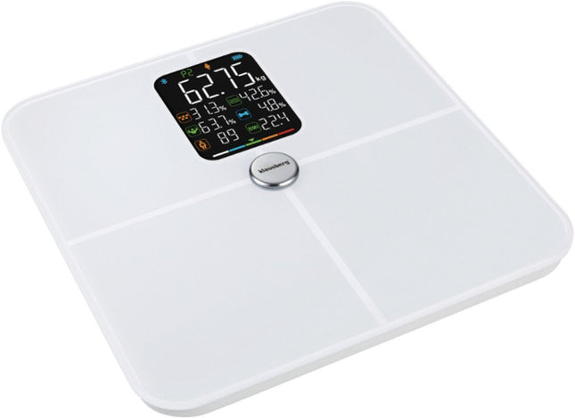 Klausberg KB-7941 Slimme Personenweegschaal – Wit – 180 kg – Lichaamsanalyse BIA – Bluetooth – Vetpercentage, Spiermassa & BMI – Tempered Glass