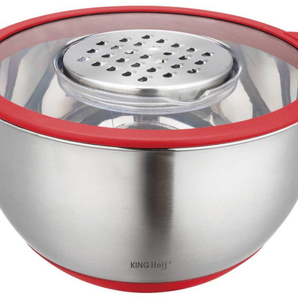 RVS Mengkom met Deksel – Multifunctioneel (5L, Rood) – Inclusief 3 Raspstanden, Maatverdeling en Antislip Rand – Voor Mengen, Raspen en Opslaan