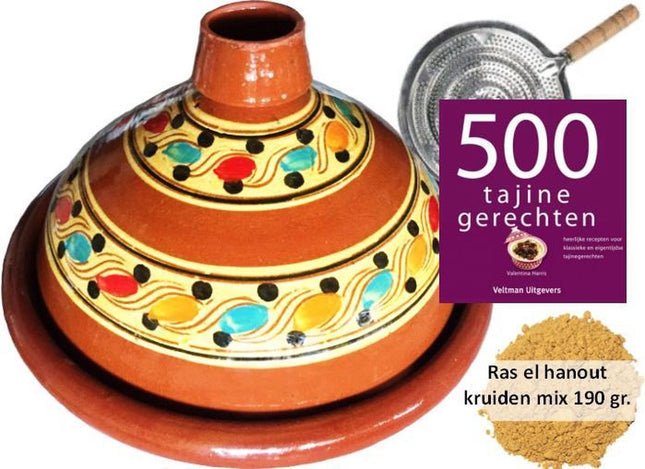 Tajine set voor 6 personen - 190 gr kruiden - incl. kookboek - vlammenverdeler