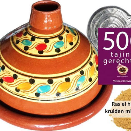 Tajine set voor 4 personen - 190 gr kruiden - incl. kookboek - vlammenverdeler