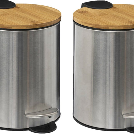 5Five Pedaalemmer - 2x - zilver - bamboe/metaal - 3L - 23 cm