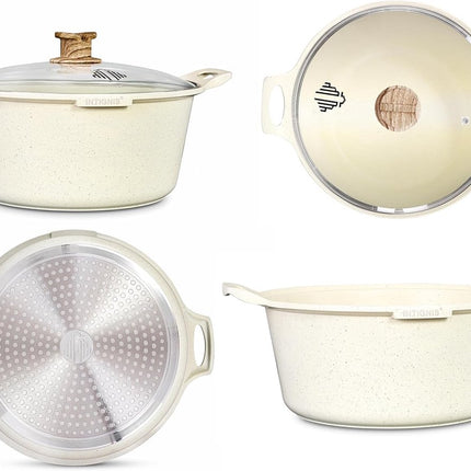 INTIGNIS® Braadpan met Deksel – 32 cm (10 liter) – GREBLON Keramische Antiaanbaklaag – Geschikt voor Inductie, Gas & Elektrisch – Inclusief Glasdeksel - Wit