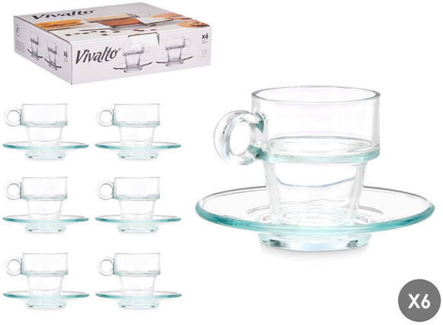 Vivalto Espressomok met Schoteltje - Set van 6 - Glas - 100ml - Kleine Koffiemok