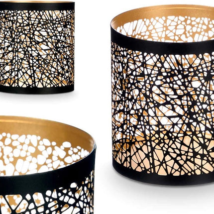 Kandelaar - Waxinelichthouder - Sfeerlicht - Abstract - Zwart met goud - Metaal - 9x9x10cm