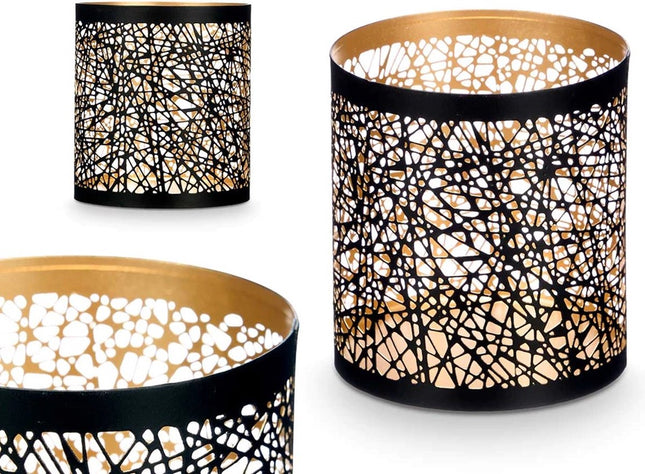 Kandelaar - Waxinelichthouder - Sfeerlicht - Abstract - Zwart met goud - Metaal - 9x9x10cm