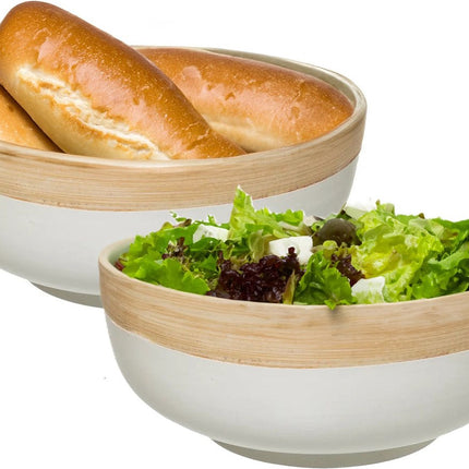 5Five - 2x - serveerschaal/saladeschaal - wit - bamboe - 20 x 8 cm - rond