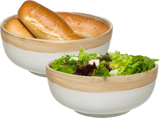 5Five - 2x - serveerschaal/saladeschaal - wit - bamboe - 20 x 8 cm - rond