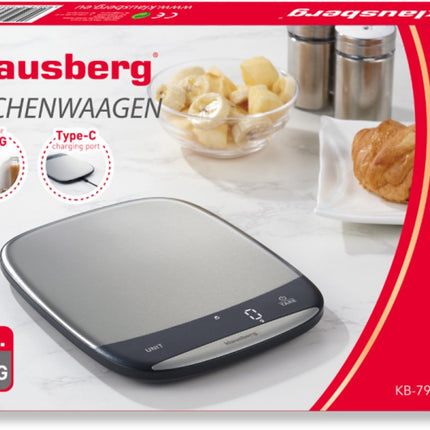 Klausberg KB-7936 Digitale Keukenweegschaal 10 kg – RVS INOX, USB-C Oplaadbaar, 1g Nauwkeurig, TARE Functie, Vloeistofmeting