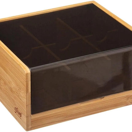 5Five Theedoos - 6-vaks - theekist - bamboe - bruin met zwart - 22 x 21 cm