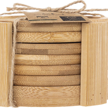 Secret de Gourmet glazen Onderzetters - 6x stuks - bamboe hout - rond - D10 cm - glazenonderzetter - in houder