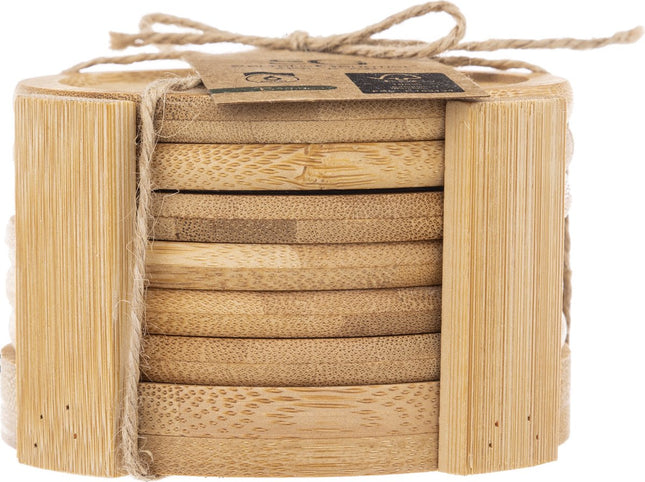 Secret de Gourmet glazen Onderzetters - 6x stuks - bamboe hout - rond - D10 cm - glazenonderzetter - in houder
