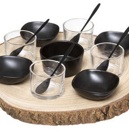 Secret de Gourmet Serveerplank/amuse/aperitief hapjes - hout/keramiek - zwart - voor 4x personen - 14-delig - keuken/tafelen - boomschijf