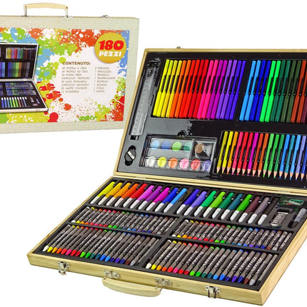 Houten Verfset 180 Delen - Kunstschilders Set voor Kinderen in Koffer - Tekenset met Stiften, Krijtjes en Verf - Creatief Cadeau voor Jongens en Meisjes - 180-delige set -