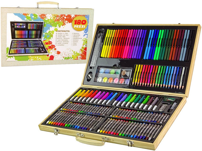 Houten Verfset 180 Delen - Kunstschilders Set voor Kinderen in Koffer - Tekenset met Stiften, Krijtjes en Verf - Creatief Cadeau voor Jongens en Meisjes - 180-delige set -