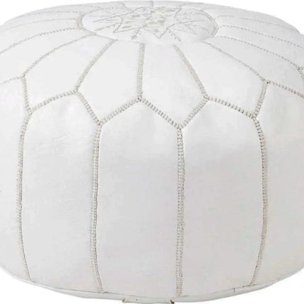 | Marokkaanse Leren Poef | Wit | 50 Ø | H 30cm | Handgemaakt | Gevuld geleverd |