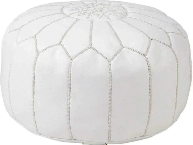 | Marokkaanse Leren Poef | Wit | 50 Ø | H 30cm | Handgemaakt | Gevuld geleverd |