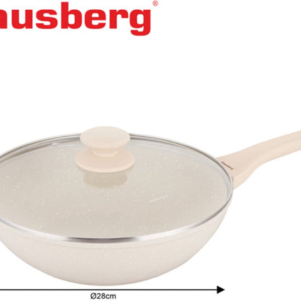 Klausberg Wokpan 28 cm met Deksel – Marble Coating – Inductie Geschikt – Diepe Hapjespan 3.9L – Crème – KB-7991