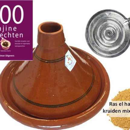 Tajine pakket - 6 pers tajine, 190 gr kruiden, kookboek, vlammenverdeler