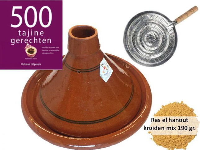 Tajine pakket - 6 pers tajine, 190 gr kruiden, kookboek, vlammenverdeler