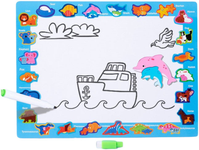 Houten Educatieve Dinosaurus Puzzel Bord 2-in-1 - Met Tekenbord en Uitwisbare Stift - 12 Delen - Puzzel en Teken Bord - 2 in 1 - Whiteboard