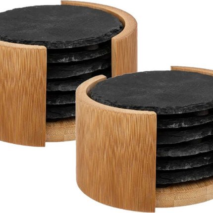Secret de Gourmet Onderzetters voor glazen in rekje - 12x - antraciet - leisteen - 10 cm