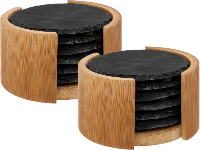 Secret de Gourmet Onderzetters voor glazen in rekje - 12x - antraciet - leisteen - 10 cm