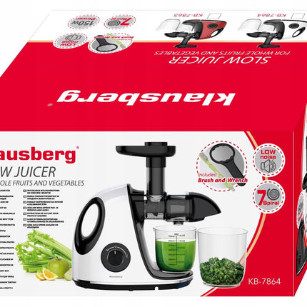 Klausberg Slow Juicer KB-7864 – 150W | Cold Press | Stille Juicer - Groenten en Fruitpers – Met Pulpreservoir - Juice Maker - Wit