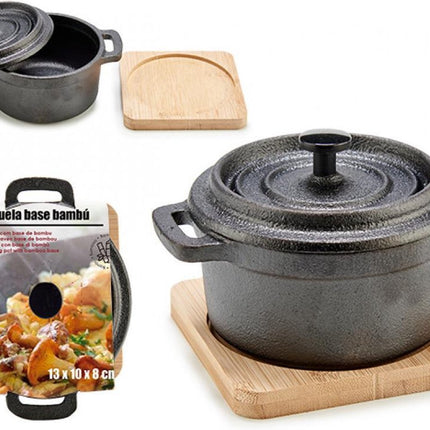 Kleine Ronde Braadpan IJzer met bamboe onderzetter - 9 cm diameter