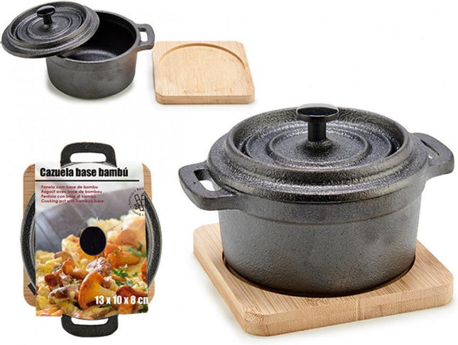 Kleine Ronde Braadpan IJzer met bamboe onderzetter - 9 cm diameter