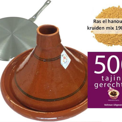 Tajine set inductie, 6 pers tajine, 190 gr kruiden, kookboek, inductie adapter