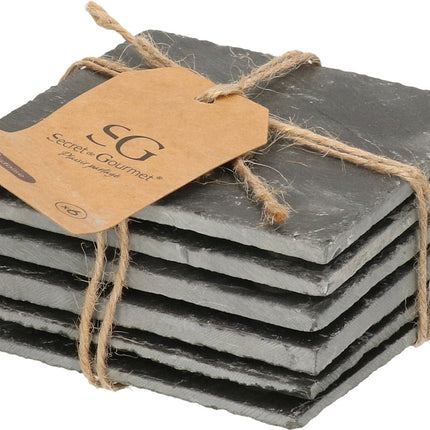 Secret de Gourmet Leisteen onderzetters - 6x stuks - 10 x 10 cm - onderzetters voor glazen
