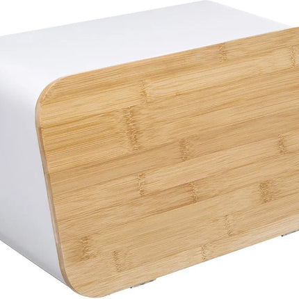 5Five - Broodtrommel met deksel - Wit Metaal/bamboe - 37 x 22 x 23 cm
