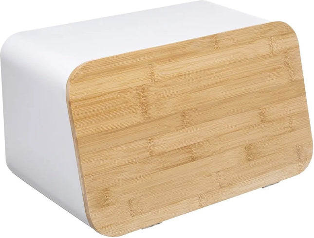 5Five - Broodtrommel met deksel - Wit Metaal/bamboe - 37 x 22 x 23 cm