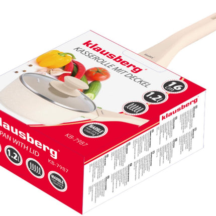 Klausberg KB-7987 Steelpan 16 cm – 1.2 Liter – Marble Anti-aanbaklaag – Inductie Geschikt – Met Glazen Deksel – Crème