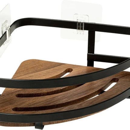 5Five Badkamer douche rekje organizer - zwart metaal/acacia hout - zuignappen - 20 x 20 x 7 cm - hoek plaatsing