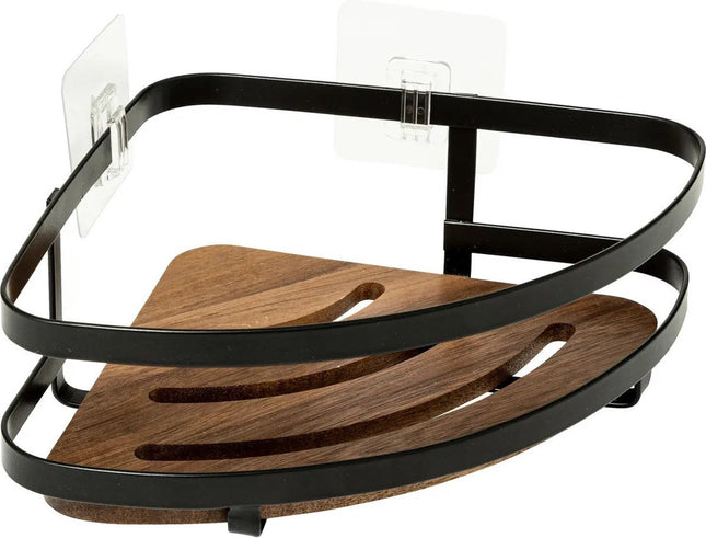5Five Badkamer douche rekje organizer - zwart metaal/acacia hout - zuignappen - 20 x 20 x 7 cm - hoek plaatsing